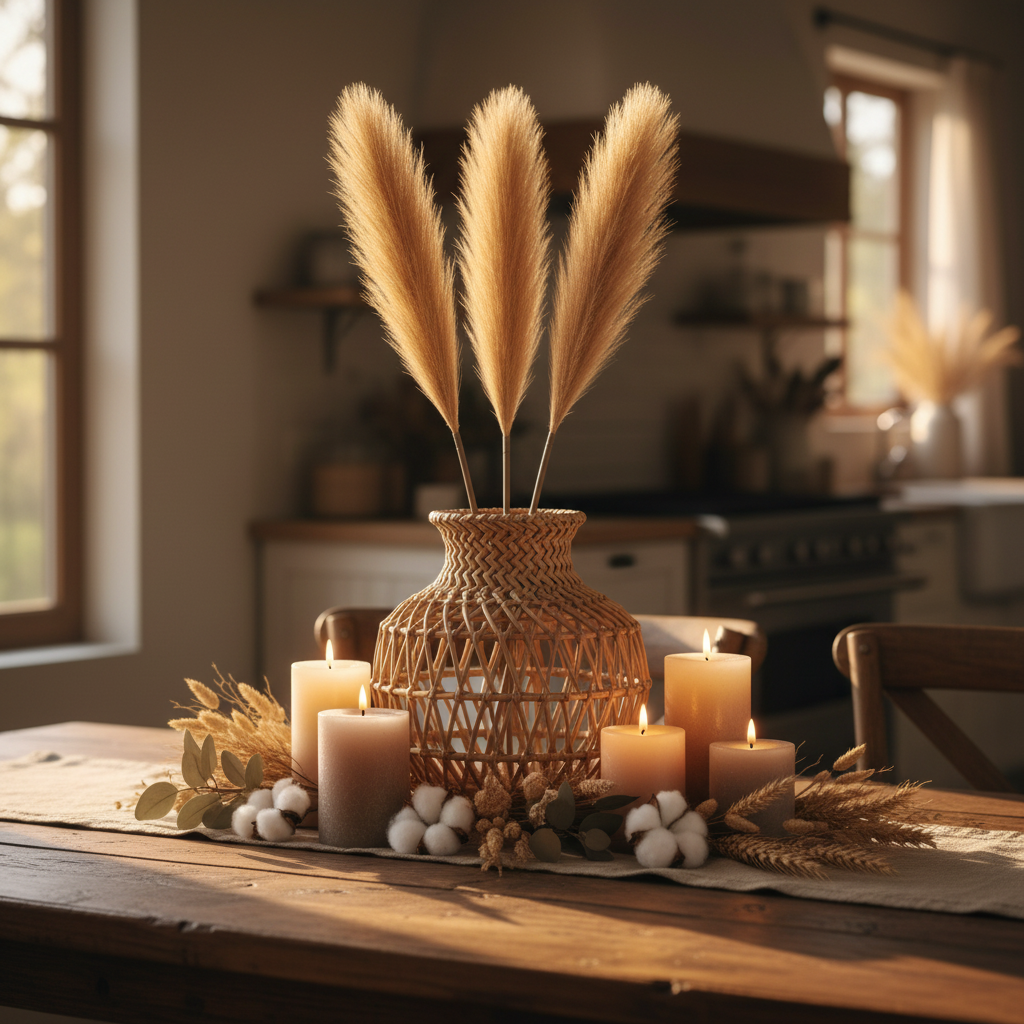 Caramel tan faux pampas grass 3 stems styled in rustic farmhouse fall centerpiece with rattan vase, candles and dried botanicals