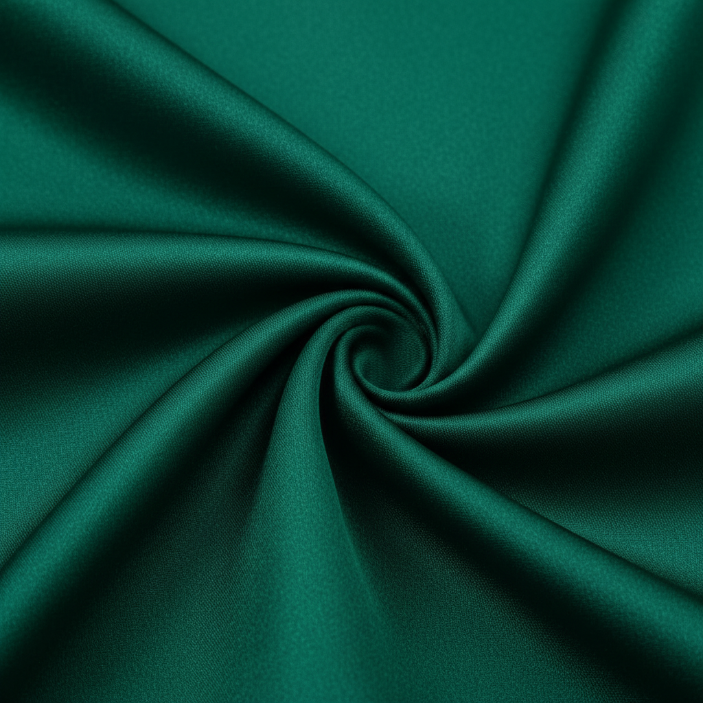 Close-up detail of green satin polyester fabric texture - silk-like sheen and quality