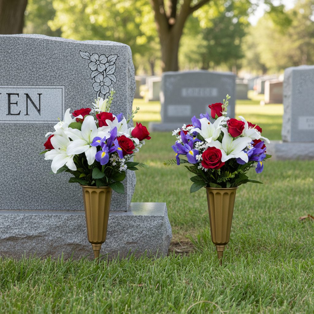 Small gold cemetery vases in use at peaceful gravesite with fresh flowers near headstone