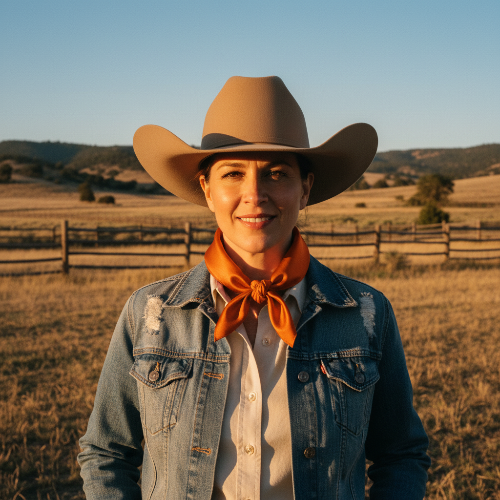 Woman wearing burnt orange wild rag scarf in classic cowboy style on ranch with denim jacket and cowboy hat