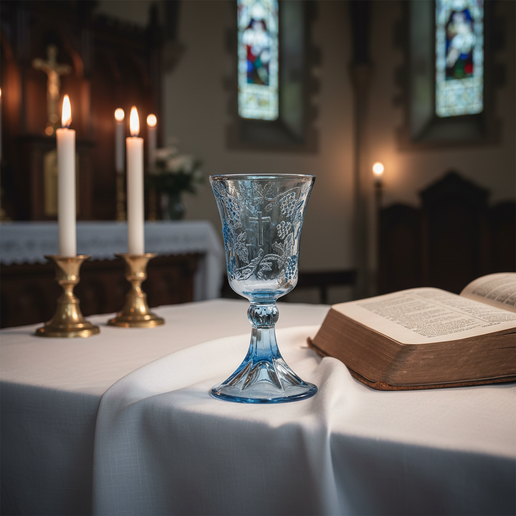 Blue communion chalice displayed on church altar table with Bible and candles for religious service
