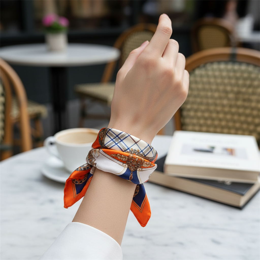 Orange Chain Medallion Satin Scarf Wrapped as Wrist Wrap Bracelet 20x20 Square Scarf