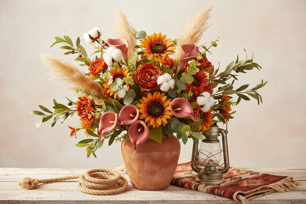 Terracotta calla lily stems tucked into a lush western-style faux floral arrangement in a rustic terracotta vase with warm rust and burnt orange tones, rope coil, vintage lantern, and aztec textile on weathered wood