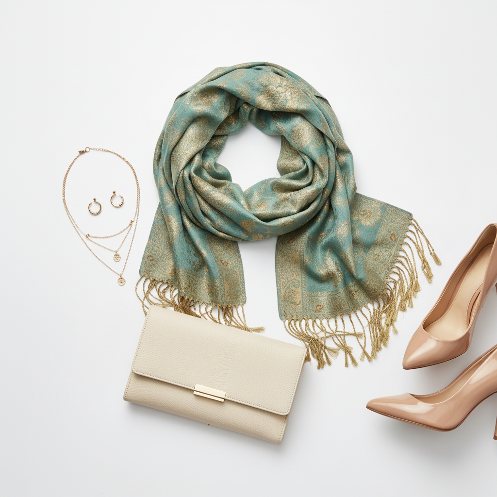 Teal gold paisley jacquard fringe scarf flat lay styled with gold jewelry cream clutch and nude heels