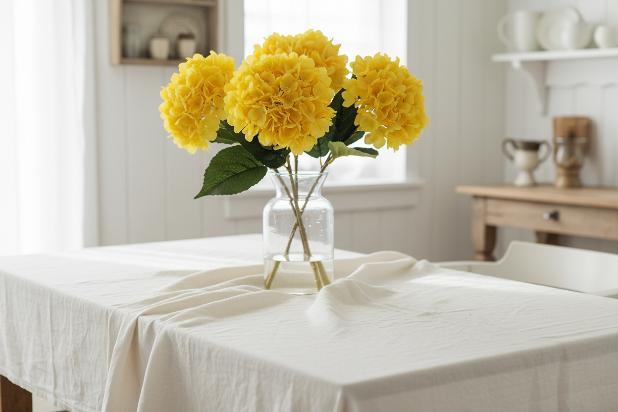 Farmhouse dining table with sunny yellow hydrangea stems in glass vase with white linen and natural light