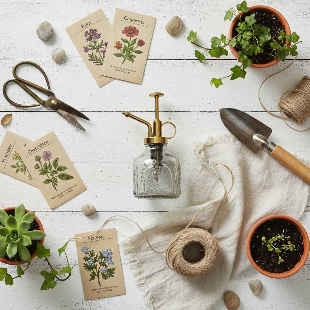 Flat lay of smoke gray glass plant mister with vintage gardening tools, twine, seed packets, potted plants, and linen cloth on white wood