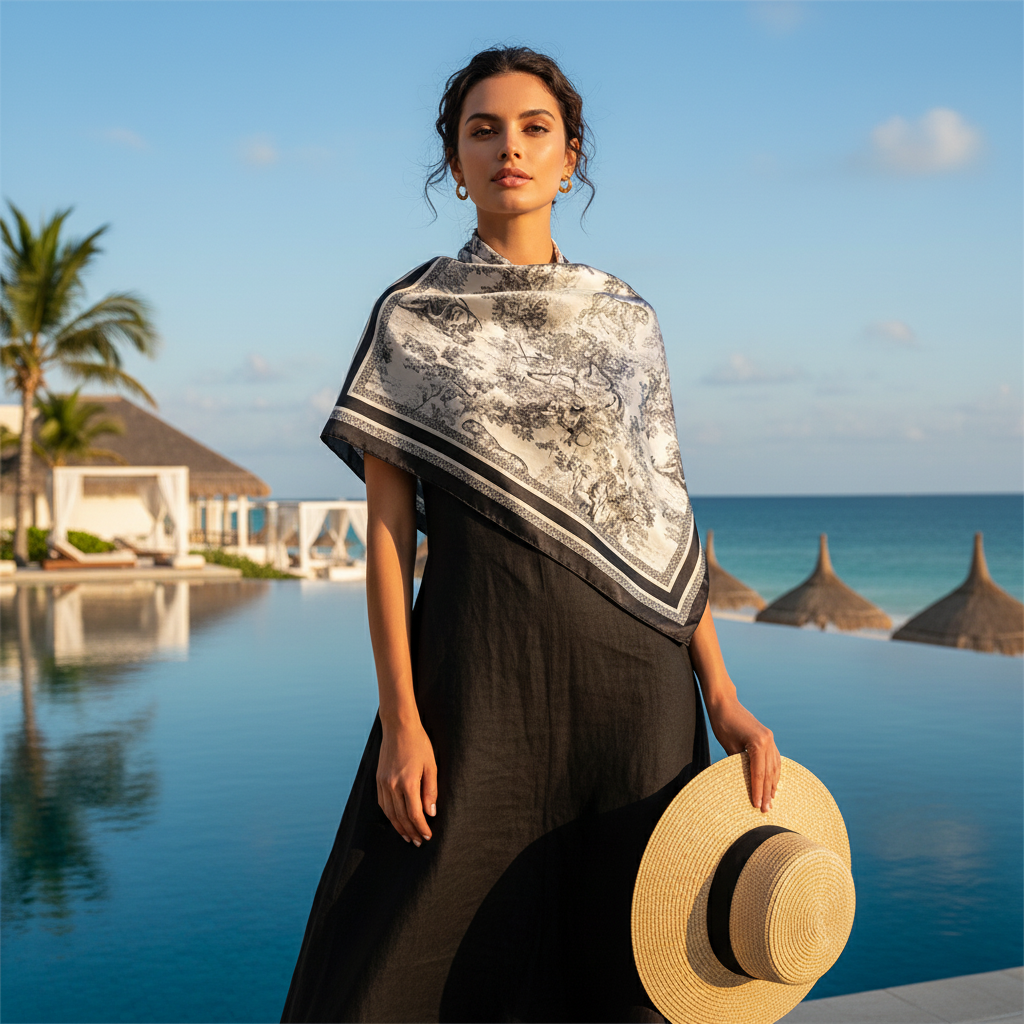 Elegant woman wearing black and white African jungle safari animal print satin scarf draped over shoulders at beach resort ocean lifestyle