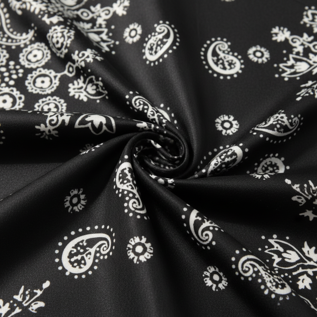 Close-up detail of black satin fabric with white paisley print pattern