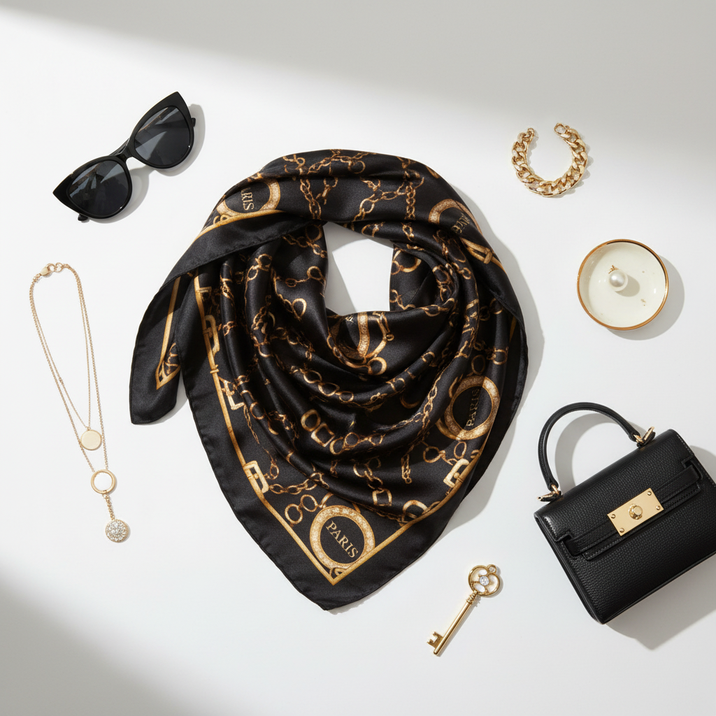 Black Gold Paris Chain Satin Scarf 20x20 Flat Lay with Fashion Accessories Styling