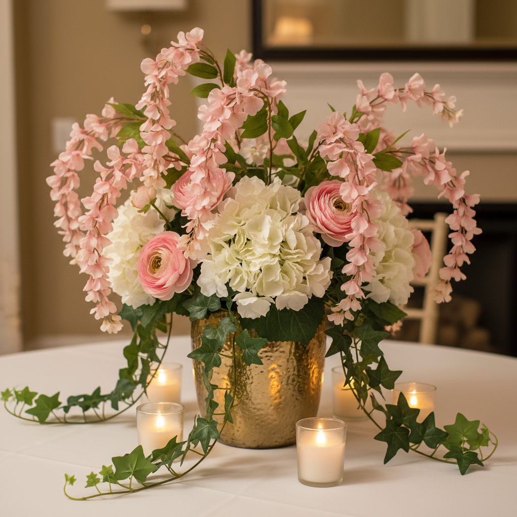 Artificial blush pink wisteria stem in a romantic bridal shower centerpiece with white hydrangeas, blush ranunculus, and trailing ivy in a gold vase
