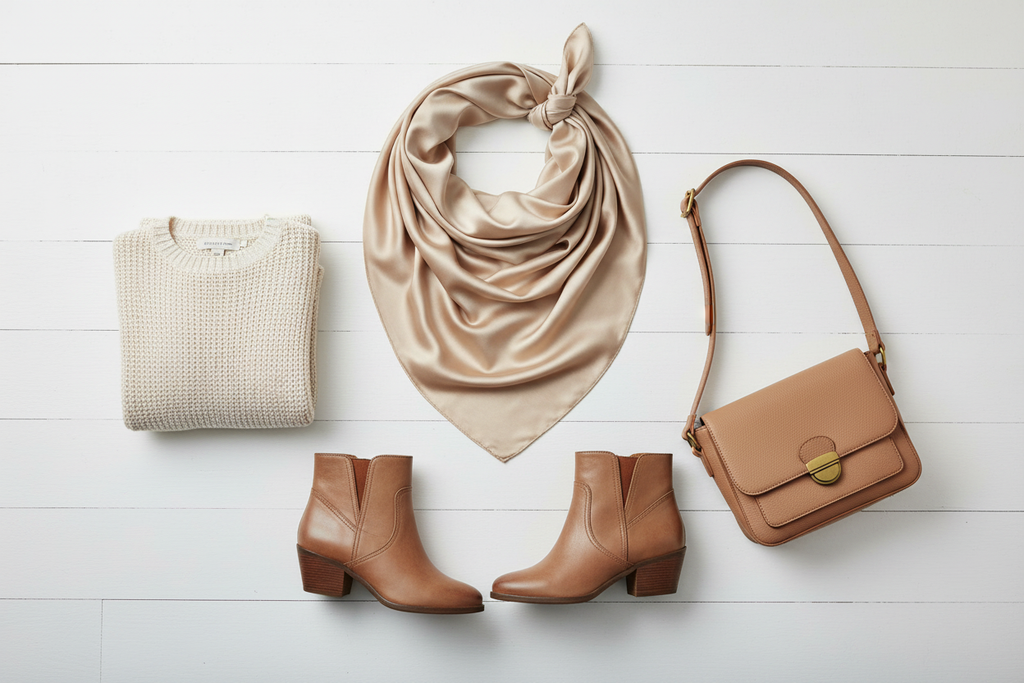Champagne wild rag with cream cardigan, tan leather boots, and crossbody purse, soft neutral styling