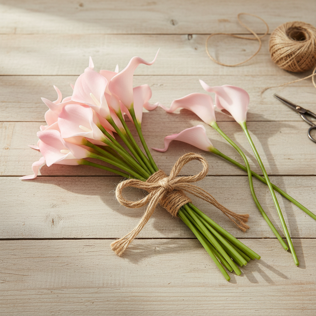 Blush pink faux calla lily stems bundled with natural twine on light rustic wood surface, DIY farmhouse craft styling