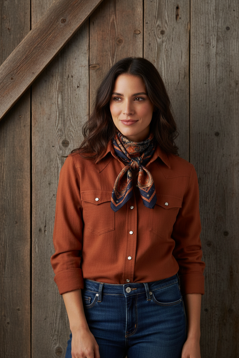 Woman wearing navy rust paisley wild rag tied as western neck scarf with rust shirt and dark denim in front of weathered barn wood background