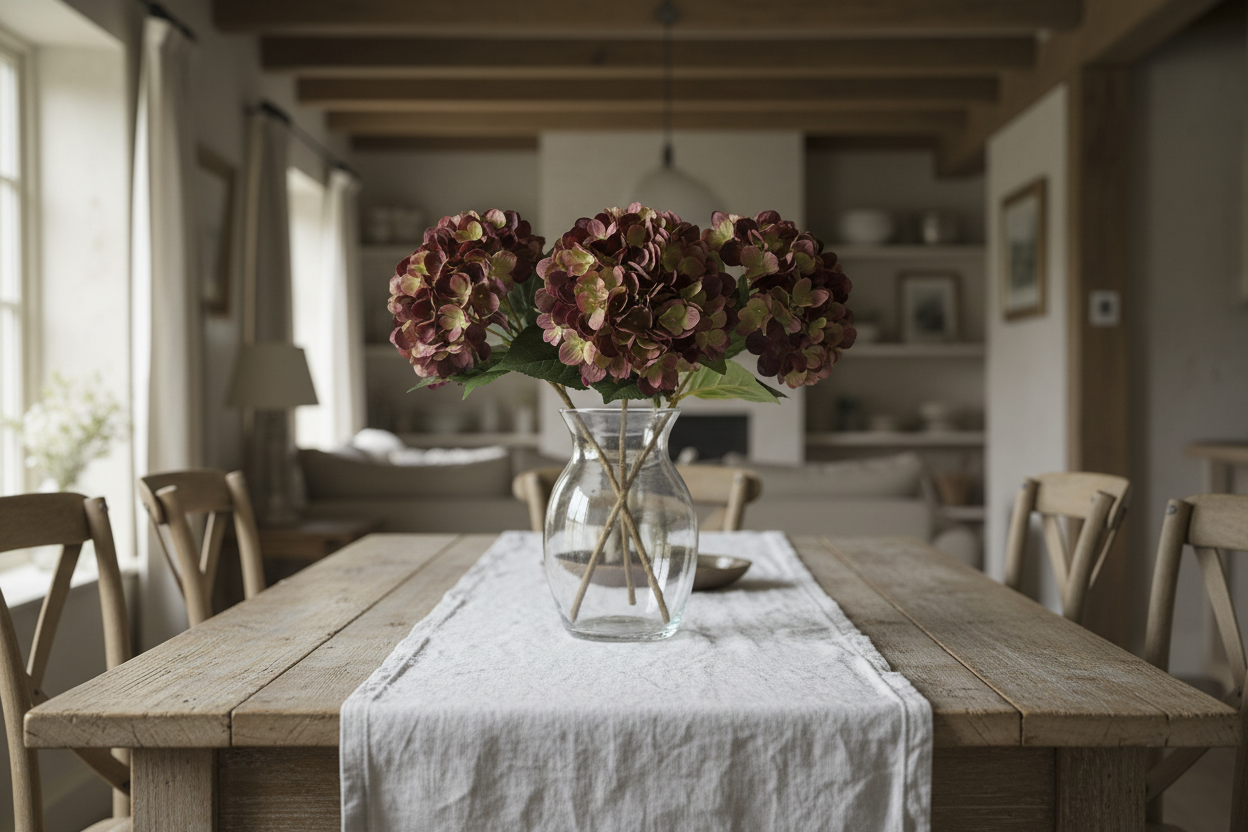 Farmhouse dining table with plum mauve hydrangea stems in glass vase with white linen and natural light, moody cottage decor