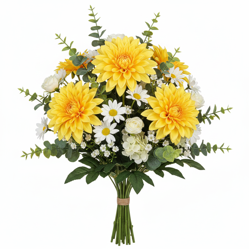 Three yellow dahlia faux flower stems arranged in a bouquet with white flowers and green eucalyptus