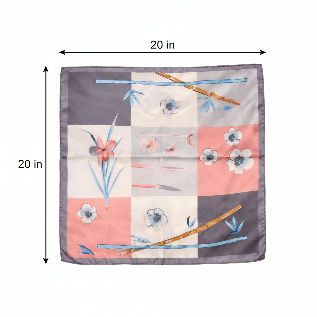 Floral bamboo patchwork satin square scarf measurement diagram showing 20 x 20 inches