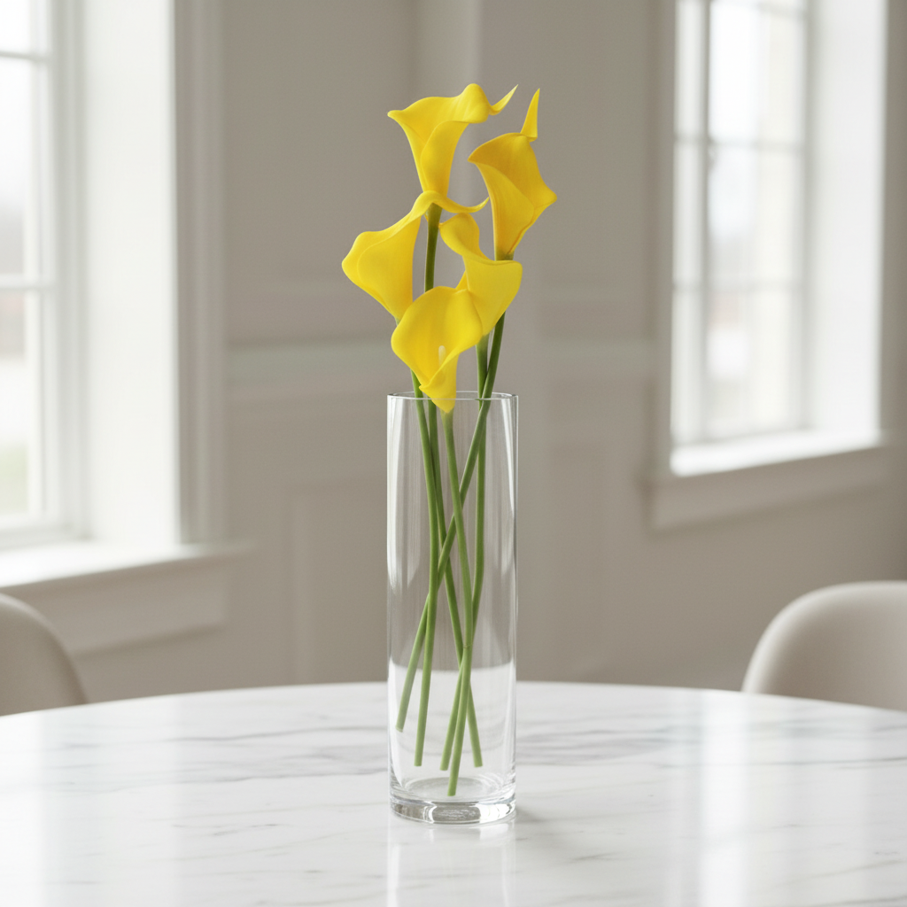 Sunny yellow faux calla lily stems in clear glass vase on white marble table, bright spring wedding centerpiece with natural lighting