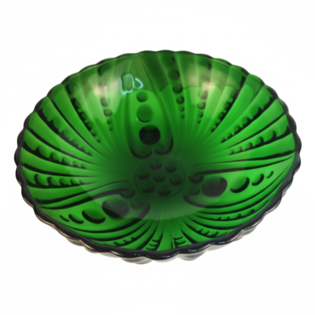 Vintage Anchor Hocking emerald green footed bowl in Burple pattern on white background, overhead view showing scalloped rim and embossed bubble texture, 8.5 inch diameter 1950s glass dessert serving dish