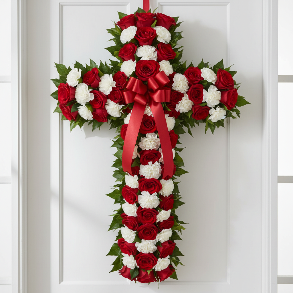 Red roses and white carnations cross wreath with green ivy on metal wire frame