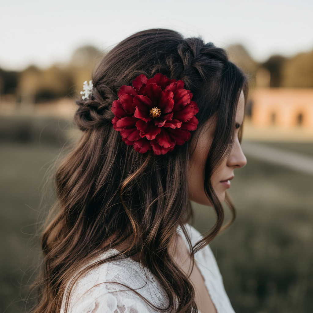 Burgundy red peony flower pick worn as a hair accessory in dark hair, boho bridal styling
