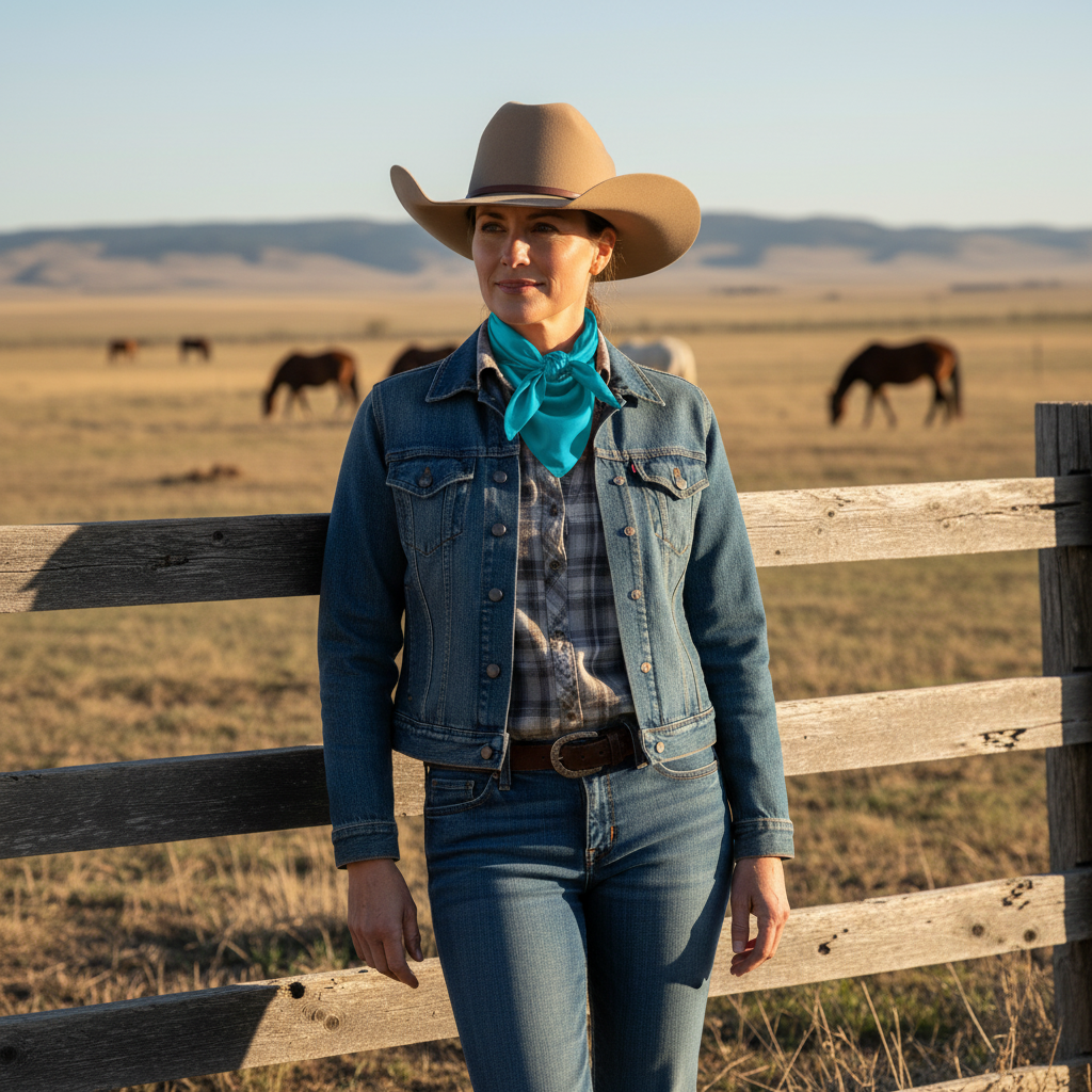 Woman wearing aqua blue wild rag scarf at ranch with western wear and boots
