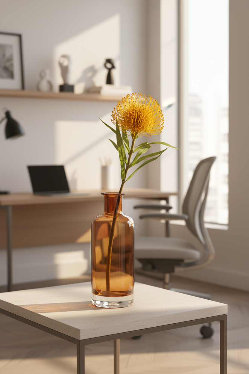Single yellow orange pincushion protea in minimalist amber glass vase, modern home office decor