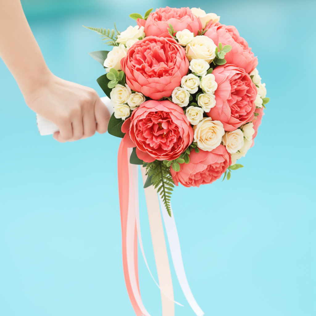 Beautiful round bridal bouquet with coral peonies, peach roses, and cream spray roses made with foam bouquet holder, hand holding white handle with ribbon
