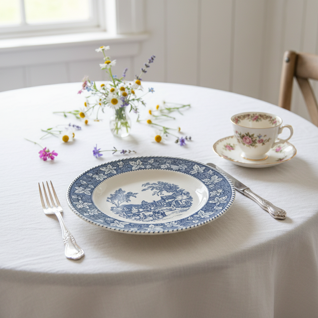 Vintage Homer Laughlin Shakespeare Country dinner plate in cottagecore dining table setting with garden flowers