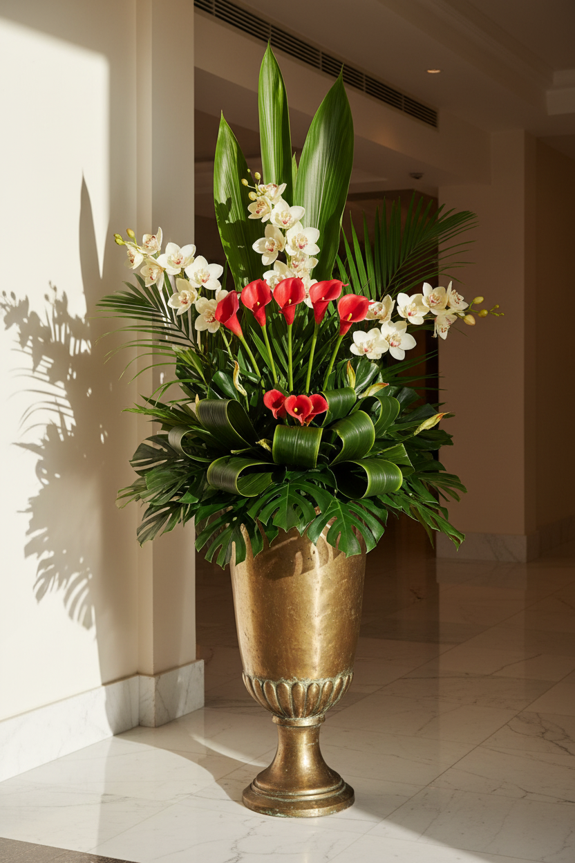 Five poppy red real-touch calla lily stems as focal flowers in a modern tropical entryway arrangement with ivory orchids and palm foliage in an antique brass urn