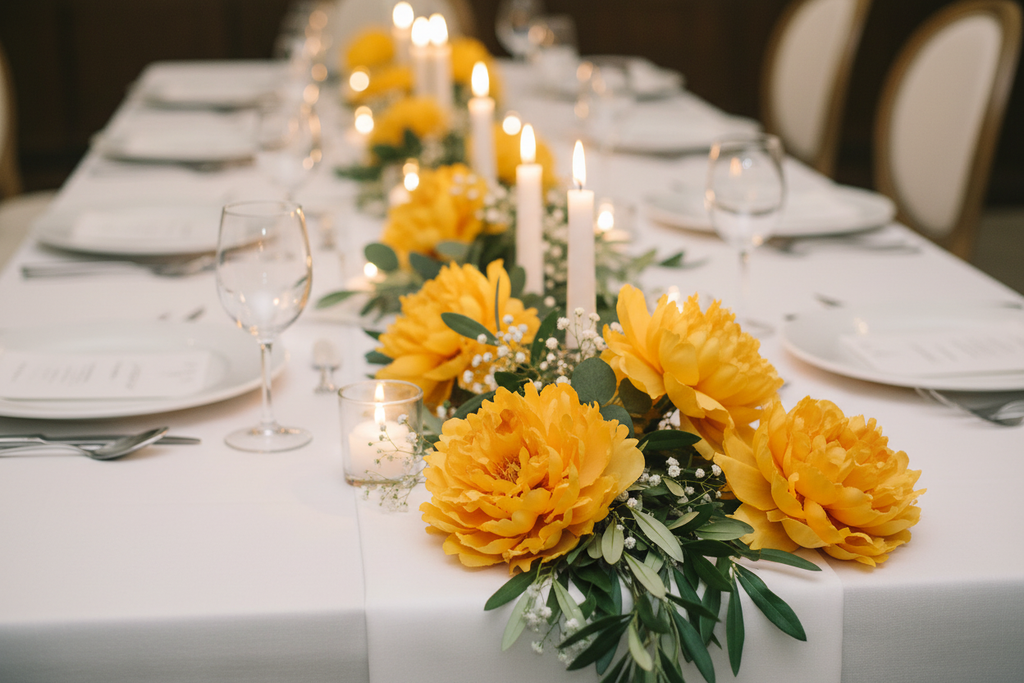 Golden yellow peony flower picks laid down the center of a white linen wedding reception table with candles and greenery, elegant wedding table runner styling