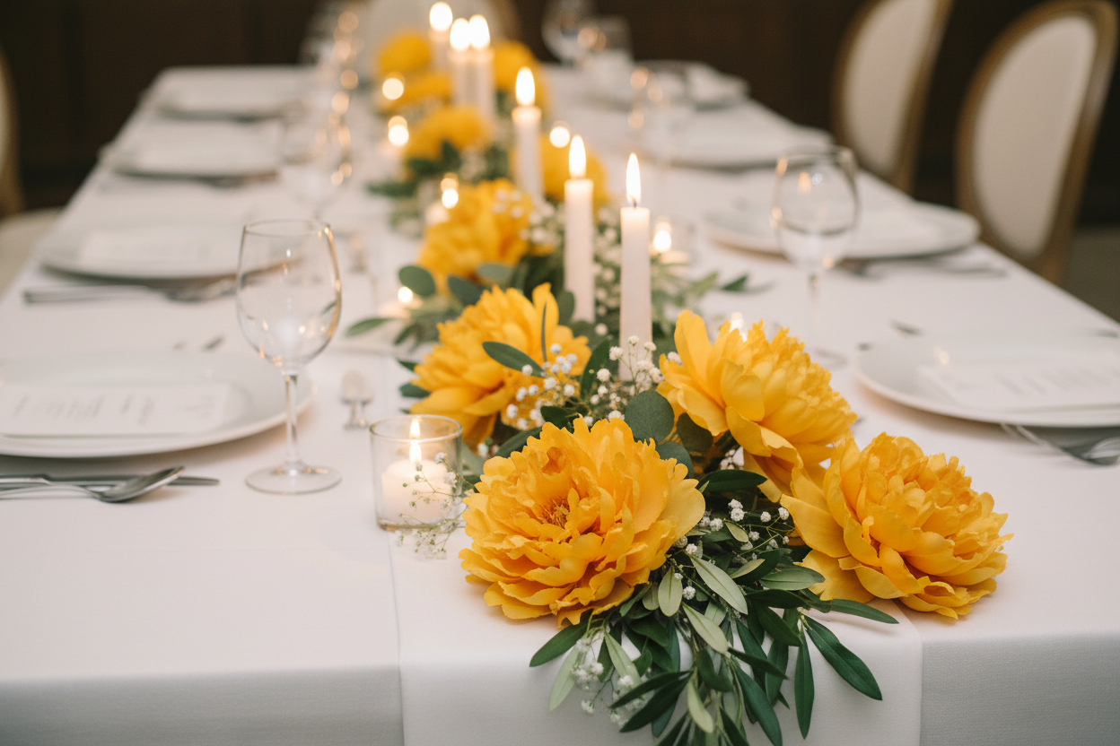 Golden yellow peony flower picks laid down the center of a white linen wedding reception table with candles and greenery, elegant wedding table runner styling