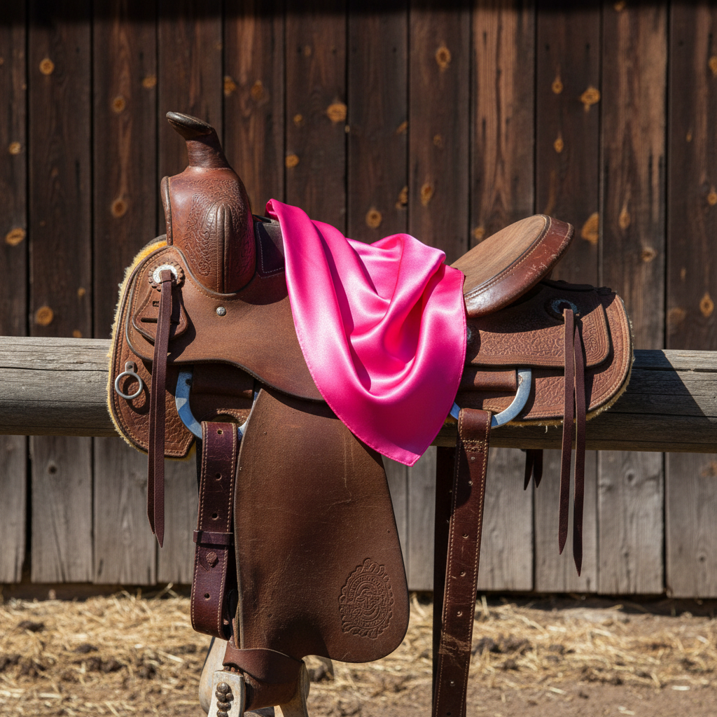 Hot pink wild rag scarf draped over western saddle on wooden fence, rustic ranch setting