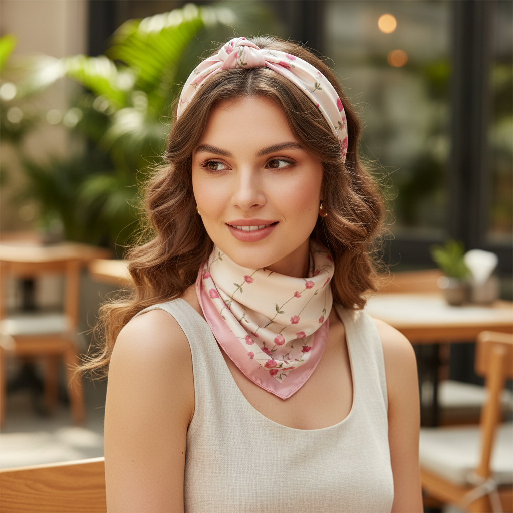 Pink floral satin scarf styled as headband accessory