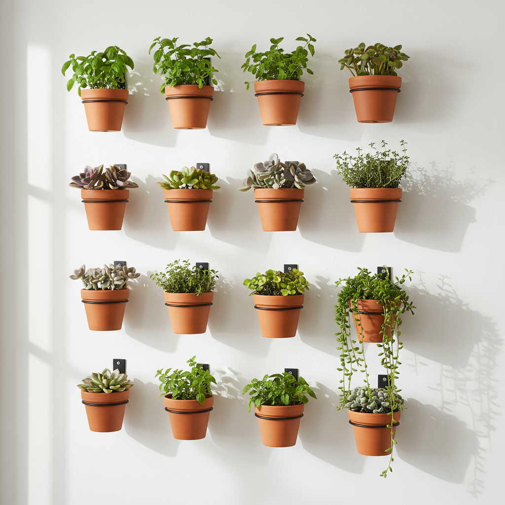 Vertical plant display wall with multiple black plant holder rings