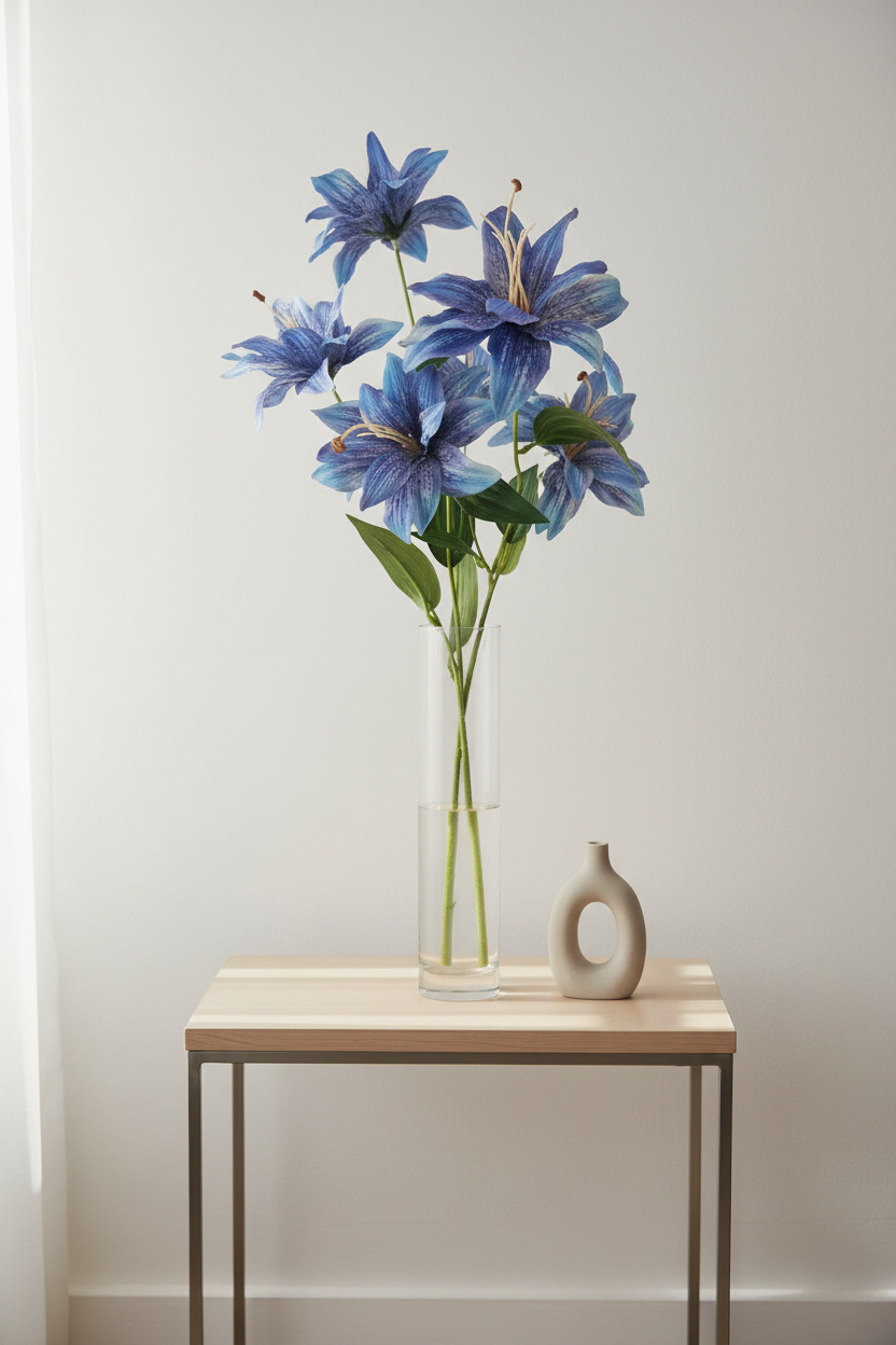 Dusty blue tiger lily stems in tall glass vase on modern side table, sophisticated minimalist decor