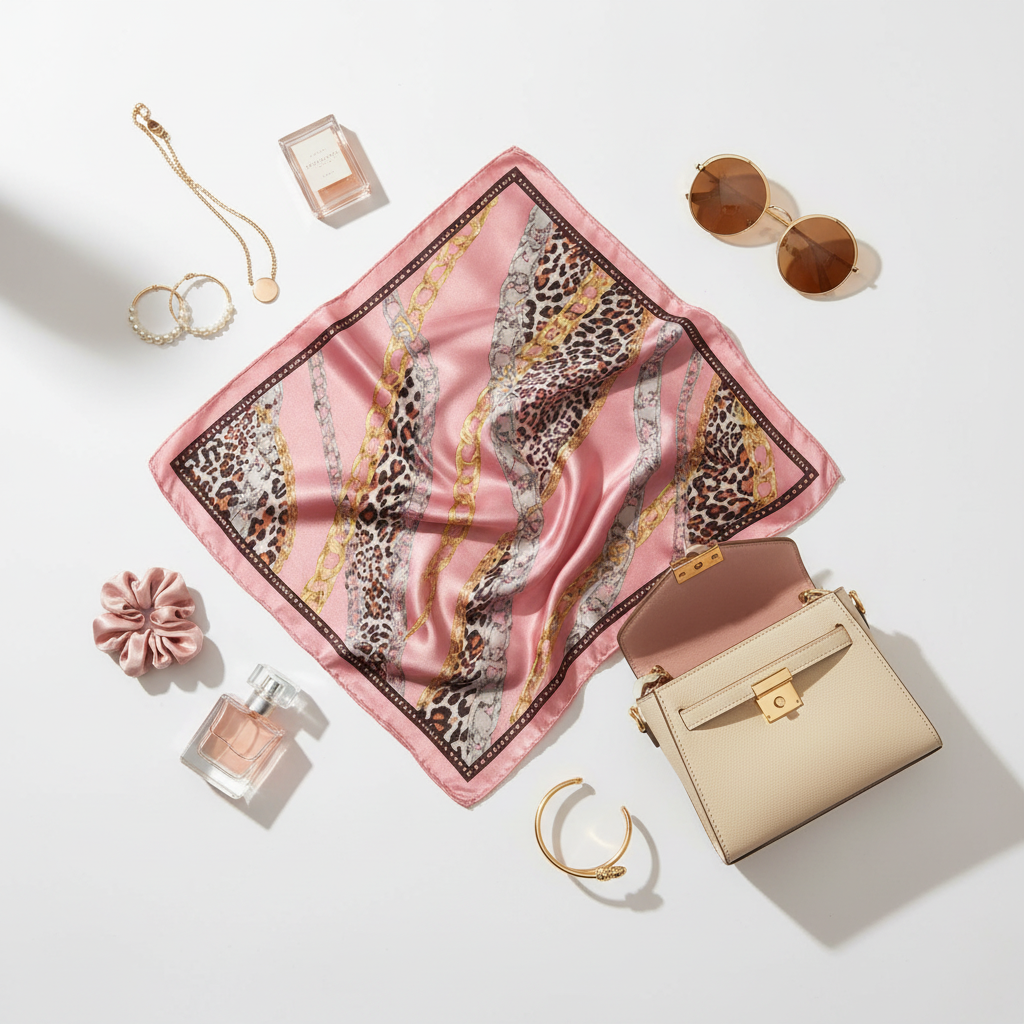 Blush Safari Satin Scarf 20x20 Flat Lay with Fashion Accessories Styling Pink Leopard