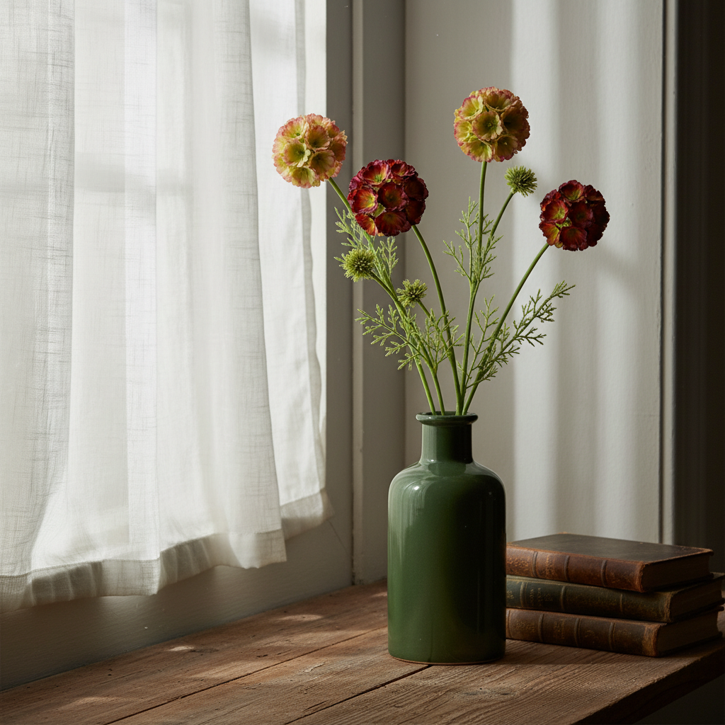 Artificial green blush burgundy scabiosa pincushion flower stems in a dark matte ceramic vase on a vintage aged wood windowsill with sheer curtain light and stacked vintage books