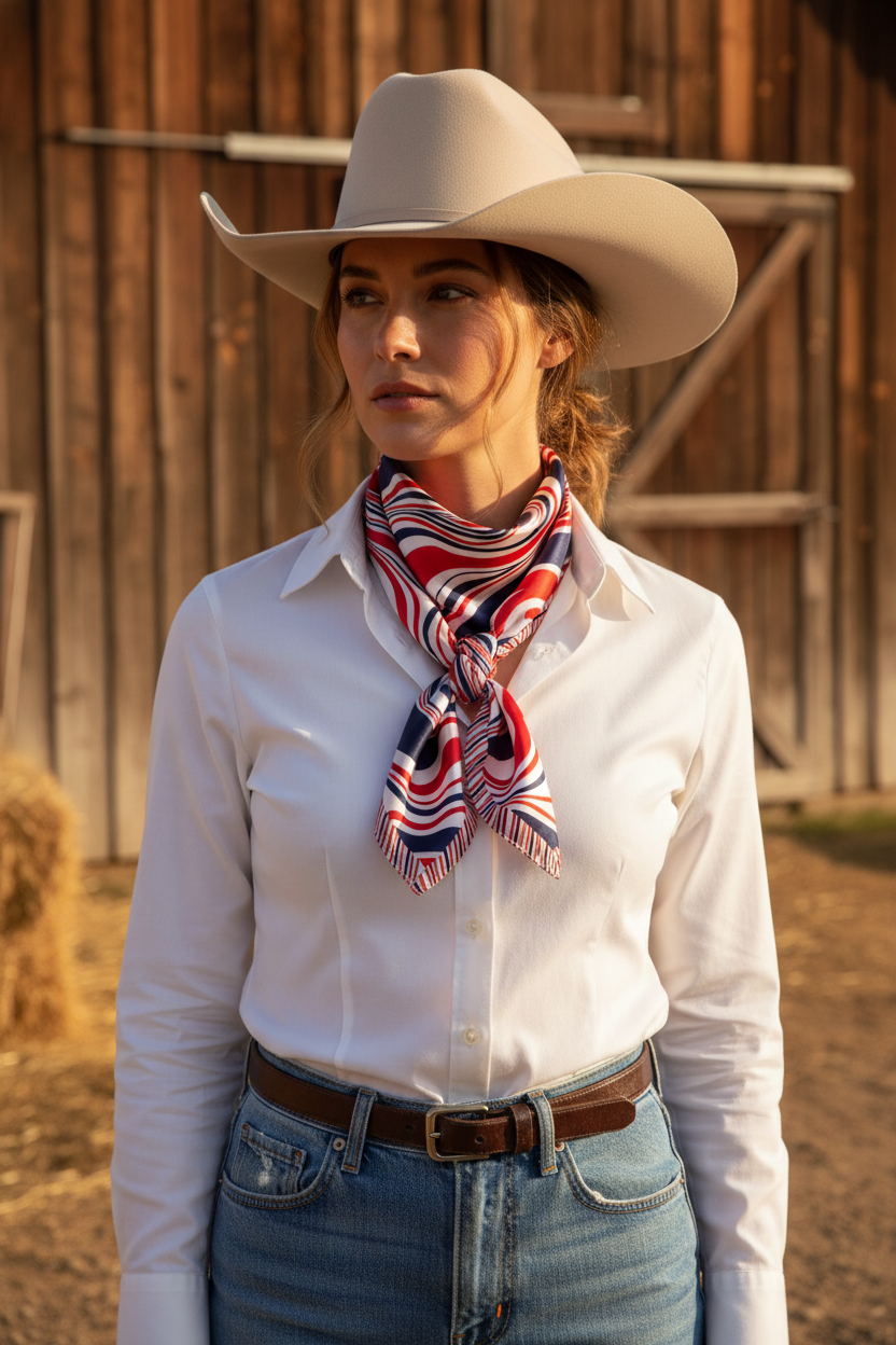 Woman with medium skin tone and brown hair wearing a red white navy blue abstract wave satin scarf tied as a western wild rag knot at the neck with a white shirt and cowboy hat at a ranch