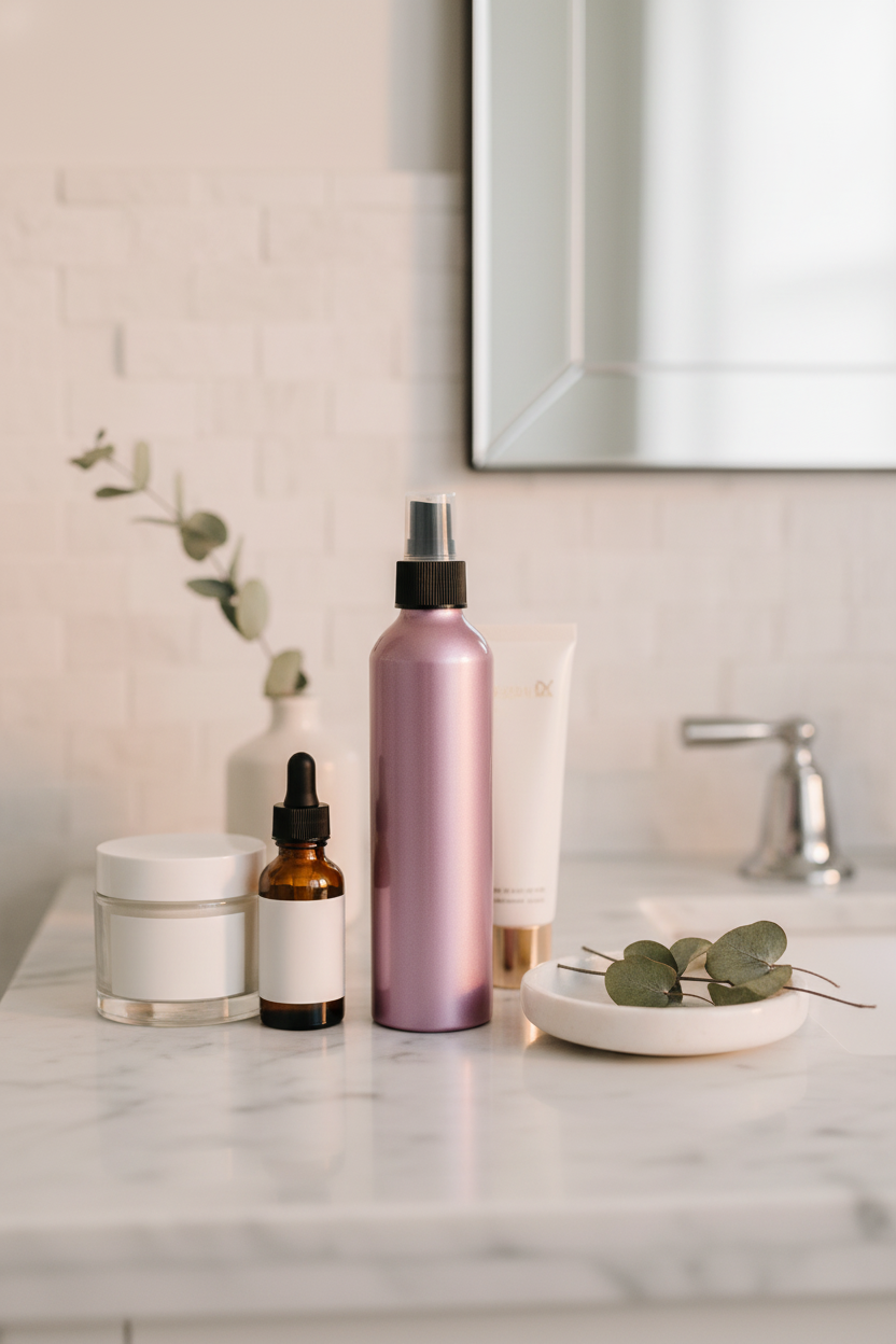 Rosy mauve metallic pink aluminum pump bottle styled on marble bathroom vanity with skincare products and eucalyptus, luxury beauty display
