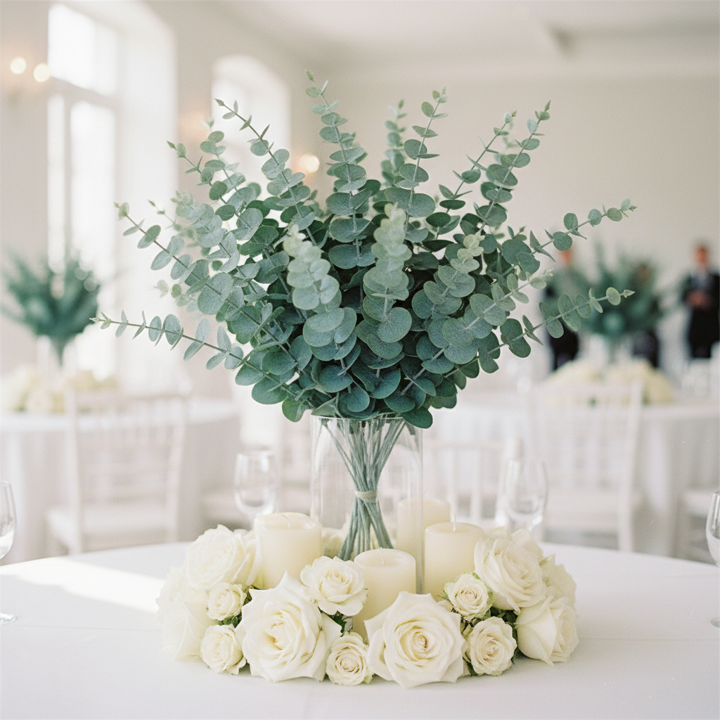 Elegant wedding centerpiece with baby blue eucalyptus stems in glass vase with white roses and cream candles