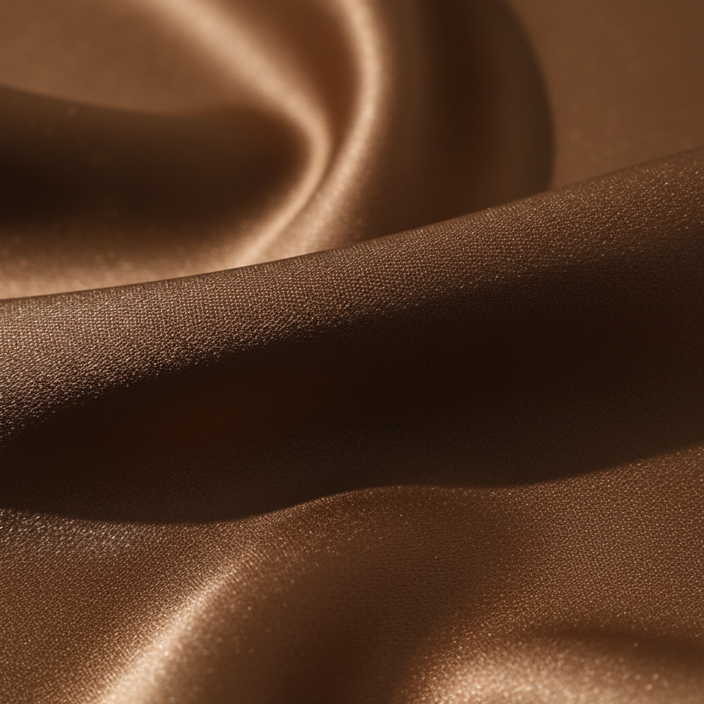 Close-up of saddle brown satin fabric showing smooth silky texture and luxurious sheen detail