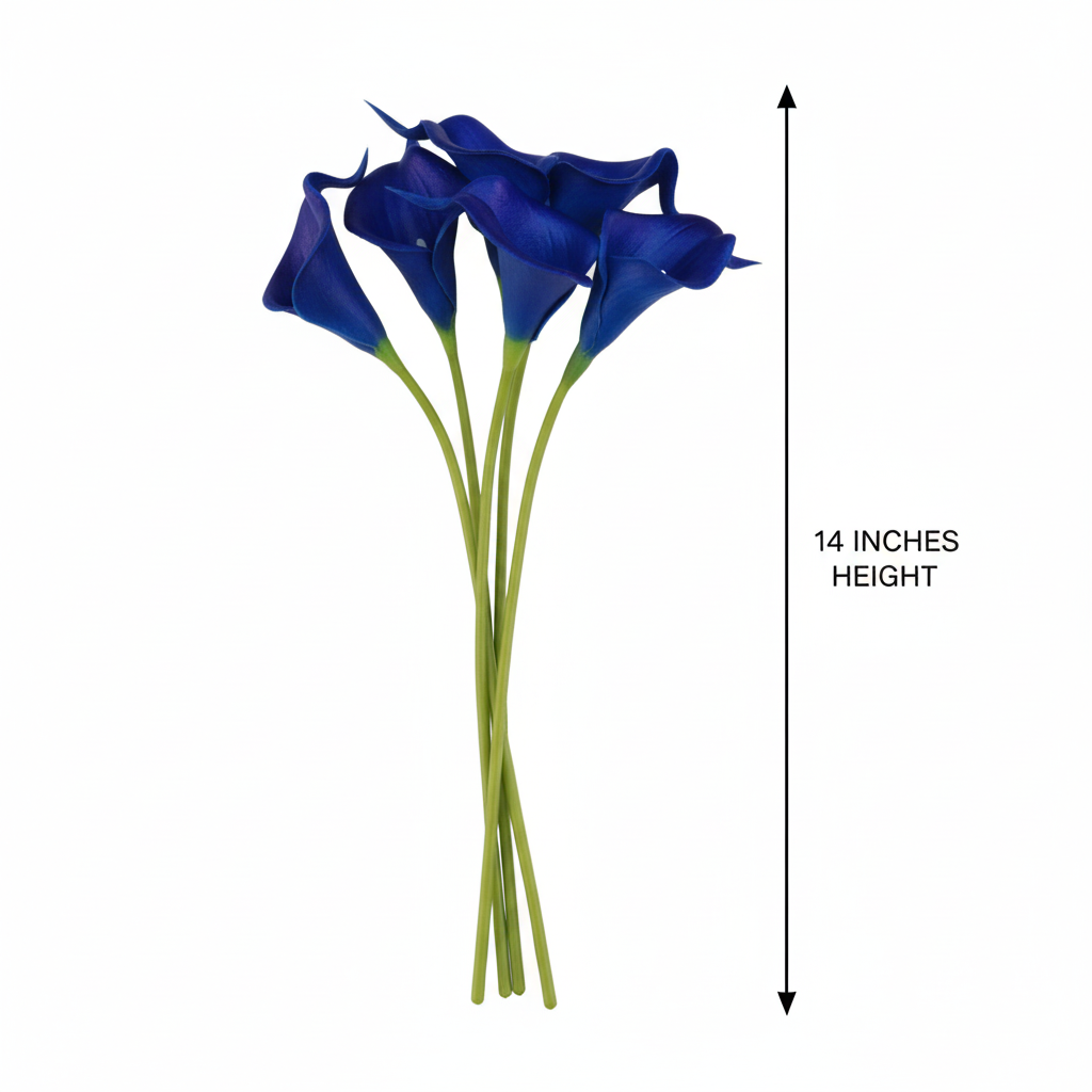 Cobalt blue calla lily artificial flowers measurement diagram showing 14 inch height