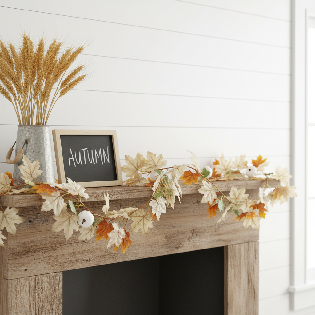 Autumn white pumpkin maple leaf garland draped across a rustic farmhouse mantel with galvanized bucket, dried wheat stems, and warm neutral decor