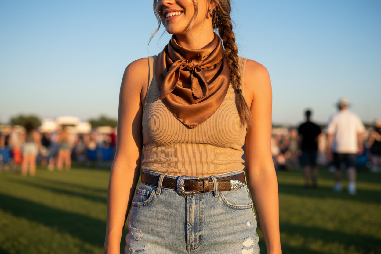 Saddle brown wild rag at summer country concert with tan tank and denim