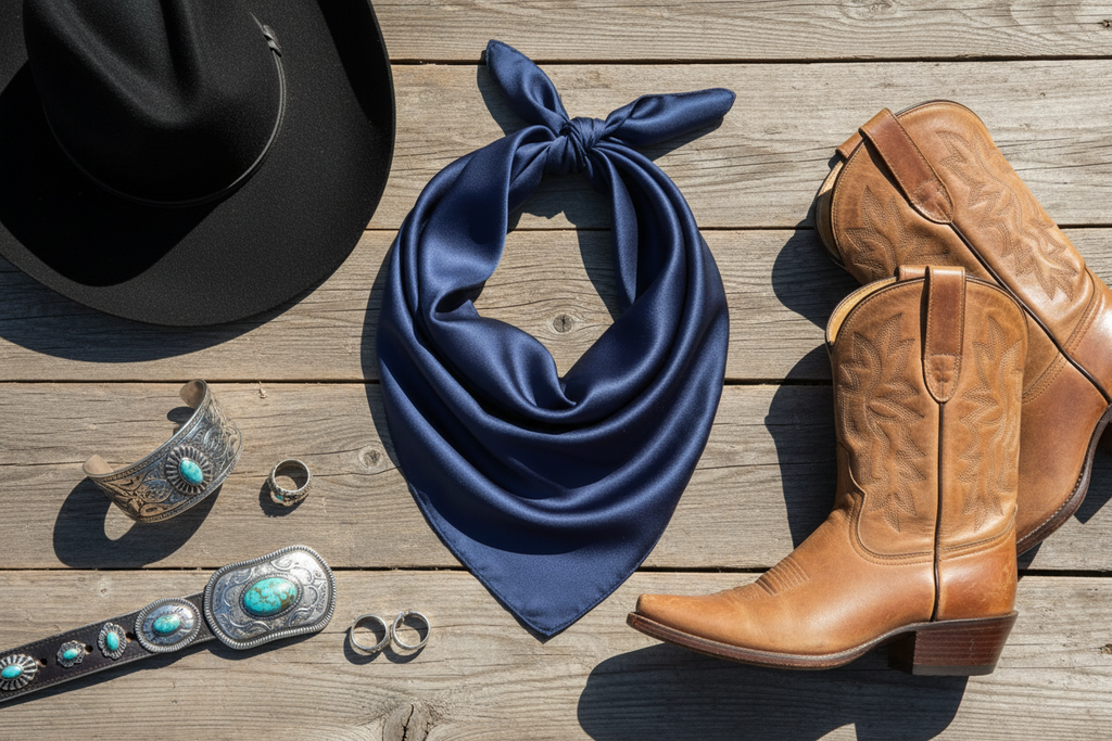 Navy blue wild rag with black cowboy hat, tan leather boots, and silver jewelry, classic western styling