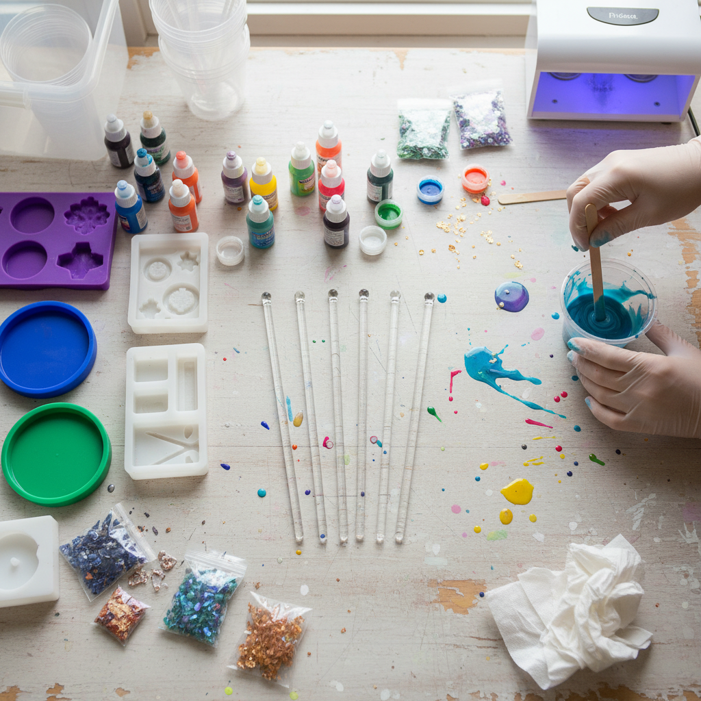 6 clear glass stir sticks used in a resin art craft scene on a wooden table with pigment bottles and resin molds, bright natural light