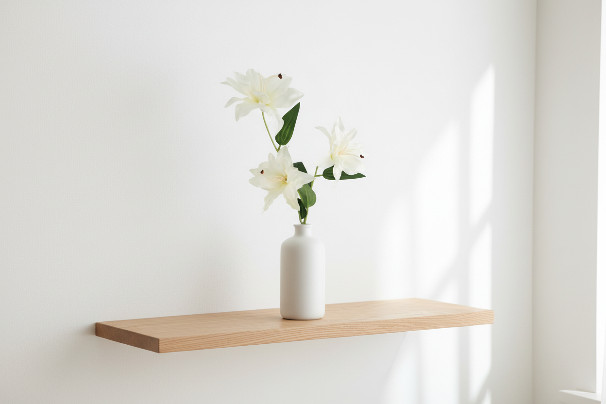 White lily stems in simple white ceramic vase on light wood shelf, minimalist botanical home decor