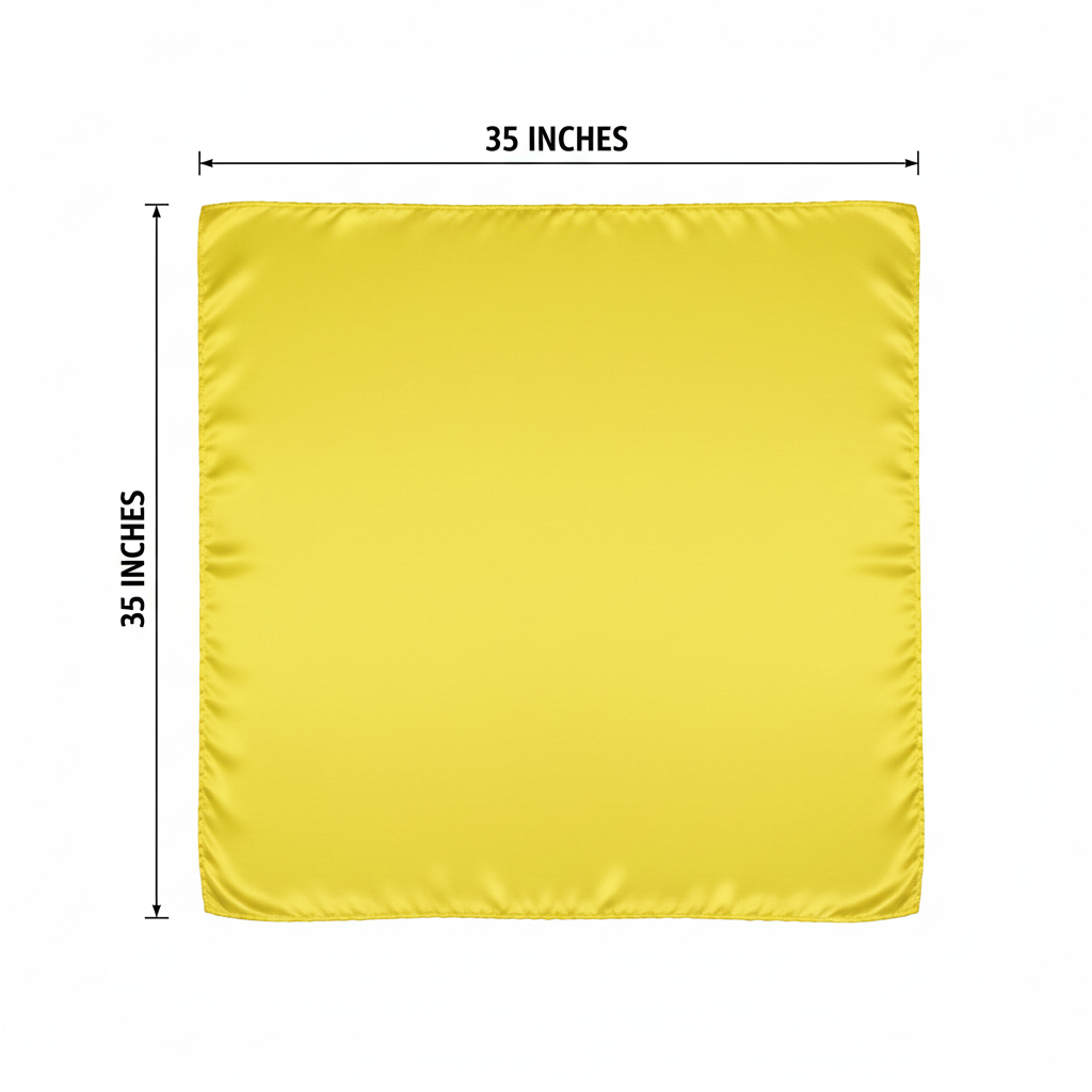 Yellow wild rag scarf measurement diagram showing 35 inches by 35 inches dimensions on white background