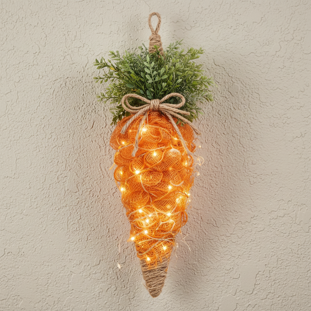 Carrot wreath with orange deco mesh, greenery, and fairy lights glowing - illuminated Easter spring decoration