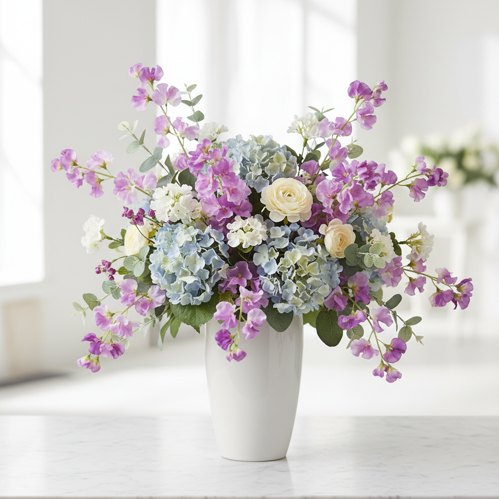 Purple sweet pea artificial flower stems with blue hydrangeas and cream ranunculus in a white ceramic vase elegant wedding arrangement